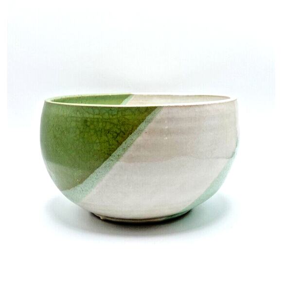 Studio Art Pottery Bowl Hand Thrown Shades Of Green White Glazed Artist Signed